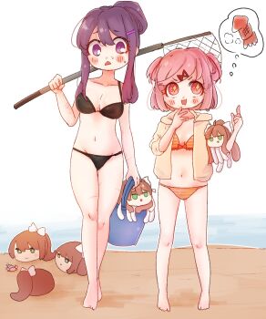 2girls :< :d animalization bare_shoulders barefoot beach bikini black_bikini blush blush_stickers bob_cut bow bow_bikini breasts bright_pupils brown_hair bucket carrying_over_shoulder closed_mouth collarbone commentary creature day doki_doki_literature_club fishing_net full_body green_eyes groin hair_between_eyes hair_bow hair_ornament hair_ribbon hair_up hairclip hand_up height_difference hermit_crab highres holding holding_bucket holding_creature holding_net hood hood_down hungry index_finger_raised ituu_kiriko jacket jacket_over_swimsuit jitome long_hair looking_at_animal looking_at_another looking_to_the_side looking_up medium_breasts midriff monika_(doki_doki_literature_club) multiple_girls natsuki_(doki_doki_literature_club) navel nervous nervous_sweating ocean open_clothes open_jacket open_mouth orange_bikini outdoors parted_lips pink_eyes pink_hair pointing pointing_up ponytail purple_eyes purple_hair raised_eyebrow red_ribbon ribbon romaji_commentary sand scar scar_on_arm scar_on_leg self-harm_scar short_hair side-by-side sidelocks small_breasts smile sparkle sparkling_eyes speech_bubble spoken_food squid standing steam striped_bikini striped_clothes sweat sweatdrop swept_bangs swimsuit thought_bubble two_side_up upturned_eyes v-shaped_eyebrows walking water wavy_mouth white_background white_bow white_pupils white_ribbon worried x_hair_ornament yellow_jacket yuri_(doki_doki_literature_club)