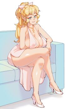 1girl absurdres aged_up blind blonde_hair blue_eyes blush bow breasts cleavage cocktail_dress couch covered_erect_nipples cross dress earrings highres jewelry katawa_shoujo large_breasts looking_at_viewer mature_female necklace ring rtil satou_lilly sitting wedding_band white_bow white_dress