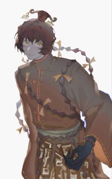 1boy :d absurdres black_gloves brown_hair carda_momd cowboy_shot double-parted_bangs gloves head_tilt highres limbus_company looking_at_viewer male_focus open_mouth project_moon sash short_hair smile solo xiao_guan_(headdress) xue_pan_(project_moon) yellow_eyes