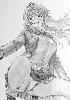 1girl absurdres blush bow bowtie breasts buttons collared_shirt commentary_request feet_out_of_frame graphite_(medium) highres jacket large_breasts lensia long_hair long_sleeves looking_at_viewer loose_socks open_clothes open_jacket original panties pleated_skirt ribbed_socks school_uniform shirt shoes simple_background skirt socks solo squatting traditional_media underwear