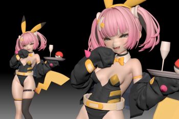 1girl 3d alcohol animal_ears arm_strap asymmetrical_legwear bandages bandaid bandaid_hair_ornament bar_stool belt black_footwear black_hair black_jacket black_leotard black_thighhighs bow bowtie breasts card champagne champagne_flute cleavage coral_(pokemon) cosplay cup detached_collar drinking_glass fake_animal_ears fake_tail fangs gen_1_pokemon grey_eyes groin hair_ornament hand_to_own_mouth heart heart_o-ring high_belt high_heels highleg highleg_leotard highres holding holding_plate jacket leotard long_sleeves looking_at_viewer medium_hair multicolored_hair multiple_views naughty_face nintendo o-ring off_shoulder okitanation open_mouth orange_bow orange_bowtie orange_leotard out_of_frame pigeon-toed pikachu pikachu_(cosplay) pink_hair plate playboy_bunny playing_card poke_ball poke_ball_(basic) pokemon pokemon_(anime) pokemon_(creature) pokemon_horizons print_bandaid skin_fangs sleeves_past_fingers sleeves_past_wrists small_breasts sparkle standing stool strapless strapless_leotard tail thigh_strap thighhighs traditional_bowtie twintails two-tone_hair uneven_legwear