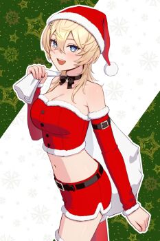 1girl alternate_costume black_choker blonde_hair blue_eyes blush breasts choker christmas cleavage commentary crop_top crossed_bangs detached_sleeves hair_between_eyes hair_ornament hat holding holding_sack kantai_collection large_breasts looking_at_viewer medium_hair midriff navel open_mouth porupurucha red_shorts red_sleeves sack santa_costume santa_hat short_shorts shorts simple_background snowflakes solo star_(symbol) strapless tuscaloosa_(kancolle)
