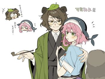 Rule 34 | +++, 2girls, :3, animal ears, apron, black kimono, blue shirt, blush, breasts, brown hair, coat, collared shirt, colored eyelashes, commentary, fingernails, flying sweatdrops, futatsuiwa mamizou, green coat, green eyes, hand on another's back, japanese clothes, kimono, large breasts, long sleeves, multiple girls, notice lines, okunoda miyoi, parted lips, pink hair, raccoon ears, raccoon girl, raccoon tail, round eyewear, sakic43899, shirt, short hair, short sleeves, symbol-only commentary, tail, touhou, translation request, whale hat, white background, white shirt