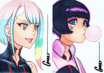 2girls artist_name asymmetrical_bangs asymmetrical_hair black_background black_hair black_leotard blowing_bubble_gum blue_eyes blunt_bangs bob_cut bodysuit breasts chewing_gum closed_mouth collarbone commentary commentary_request cyberpunk cyberpunk:_edgerunners cyberpunk_(series) cyborg english_commentary english_text eyeliner leotard lucy_(cyberpunk) makeup medium_hair multicolored_hair multicolored_leotard multiple_girls omar_dogan open_mouth orange_hair parted_lips pink_hair pink_shrug rainbow_hair red_eyeliner red_leotard sasha_(cyberpunk) scan short_hair_with_long_locks shrug_(clothing) signature simple_background smile solo tattoo traditional_media two-tone_leotard upper_body white_background