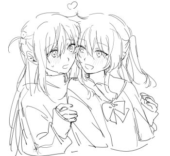 2girls blush bocchi_the_rock! bow bowtie commentary_request cropped_torso cube_hair_ornament gotoh_hitori hair_ornament hand_on_another&#039;s_arm heart jacket kita_ikuyo long_sleeves looking_at_another looking_to_the_side mobudeshi monochrome multiple_girls one_side_up open_mouth school_uniform serafuku shuka_high_school_uniform sketch smile sweat track_jacket yuri