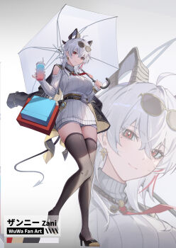 1girl absurdres bag black_horns black_jacket black_shoes black_tail black_thighhighs breasts chamaru5963 clothing_cutout commentary_request cup curled_horns demon_tail disposable_cup dress eyewear_on_head grey_dress grey_hair grey_shorts high_heels highres holding holding_cup holding_umbrella horns jacket jacket_on_shoulders large_breasts long_hair looking_at_viewer necktie official_alternate_costume red_eyes red_necktie shoes shopping_bag shorts shoulder_cutout solo sunglasses tail thighhighs turtleneck turtleneck_dress umbrella wuthering_waves zani_(downtown_repose)_(wuthering_waves) zani_(wuthering_waves) zoom_layer