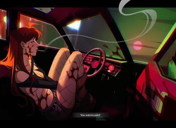 1girl ahoge artist_collaboration belt bikini bikini_top_only black_belt black_bikini black_eyes blood blood_on_face blood_on_leg blood_on_stomach blue_shorts boots breasts brown_boots brown_hair car_interior chromatic_aberration cigarette cleavage commentary english_commentary english_text fishnet_pantyhose fishnets frown full_moon gluca hair_behind_ear letterboxed looking_at_viewer medium_breasts moon open_door original outside_border pantyhose paula_blumen pink_moon short_shorts shorts signature smoke smoking solo steering_wheel subtitled swimsuit