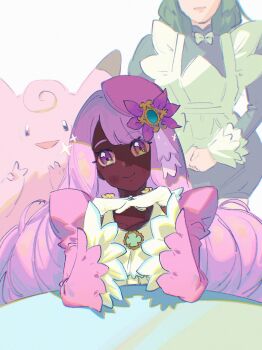 2girls apron ascot black_romper bow bowtie brooch clefable dark-skinned_female dark_skin double_v elbows_on_table fascinator frilled_ascot frills gen_1_pokemon gloves green_hair hands_up head_out_of_frame head_tilt highres interlocked_fingers jacinthe_(pokemon) jewelry juliet_sleeves lebanne_(pokemon) long_hair long_sleeves looking_at_viewer maid maid_apron master_and_servant milkurew multiple_girls nintendo open_mouth pokemon pokemon_(creature) pokemon_legends:_z-a puffy_sleeves purple_eyes purple_hair romper smile solo_focus sparkle upper_body v very_dark_skin white_bow white_bowtie white_gloves