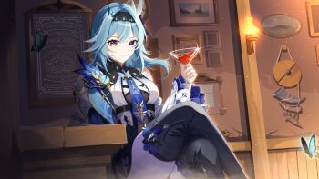 1girl absurdres arm_support black_boots black_hairband blue_hair boots breasts chest_harness crossed_legs cup eula_(genshin_impact) genshin_impact hairband harness highres holding holding_cup kao_(phornthep) light_particles long_sleeves medium_breasts medium_hair smile solo tavern thigh_boots vision_(genshin_impact) white_sleeves wide_sleeves