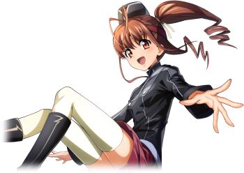 1girl akagi_benio antenna_hair artist_request black_boots black_hat black_jacket boots breasts brown_hair buttons code_geass code_geass:_lost_stories cropped_legs drill_hair female_focus game_cg garrison_cap hair_ribbon happy hat headband highres jacket knee_boots long_sleeves looking_at_viewer medium_hair miniskirt non-web_source official_art open_mouth orange_eyes pleated_skirt red_headband red_skirt ribbon simple_background skirt small_breasts smile solo thighhighs transparent_background twin_drills twintails white_thighhighs yellow_ribbon