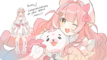 1girl ;d absurdres bow commentary dress english_commentary english_text frilled_dress frills full_body hair_intakes hair_ornament hat heart heart_hair_ornament heartsync highres hito_(maruhito) kumu_cotton long_hair looking_at_viewer multiple_views one_eye_closed open_mouth pink_bow pink_hair short_dress simple_background single_bare_shoulder single_off_shoulder smile standing teeth two_side_up upper_body upper_teeth_only very_long_hair virtual_youtuber white_background white_dress white_hat yellow_eyes