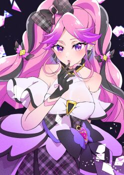 Rule 34 | 1girl, argyle background, bare arms, bare shoulders, black gloves, black hair, braid, breaking, breasts, broken glass, choker, cleavage, cure kiss, diamond (shape), dress, earrings, eyelashes, fortissimo, frilled dress, frilled skirt, frilled sleeves, frills, gingham dress, glass, gloves, gradient hair, hair ornament, hair ribbon, half gloves, hand to own mouth, hands on own face, heart-shaped lock, highres, jewelry, kimi to idol precure, lips, long hair, mikorin, multicolored hair, multiple earrings, musical note, musical note hair ornament, off shoulder, parted bangs, pearl earrings, pink hair, pouch, precure, purple eyes, ribbon, shattered, skirt, solo, solo focus, thigh pouch, twin braids, twintails, upper body, very long hair