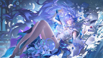 1girl absurdres blue_eyes blue_flower bottle breasts bubble cake cantarella_(wuthering_waves) closed_umbrella dress earrings feathers flower food garter_straps hair_between_eyes hair_flower hair_ornament headdress high_heels highres holding holding_bottle holding_umbrella jewelry large_breasts long_hair looking_at_object missing_commentary official_art parasol parted_lips purple_hair shoes shrug_(clothing) shuangbatian single_garter_strap single_thighhigh smile solo thighhighs thighs umbrella very_long_hair white_dress white_feathers white_garter_straps white_shoes white_shrug white_thighhighs wuthering_waves