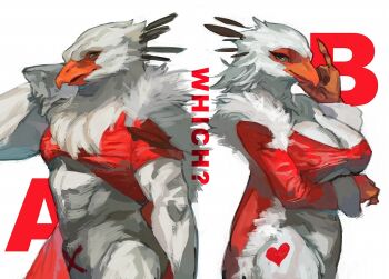 1boy 1girl bird bird_boy bird_girl breasts cape claws coat commentary_request covered_erect_nipples cowboy_shot english_text feathers fur-trimmed_cape fur-trimmed_coat fur_trim furry furry_female furry_male green_eyes grey_leotard hand_up large_breasts leotard looking_at_viewer muscular muscular_male nagabe nipples original red_cape red_coat secretarybird simple_background white_background white_feathers