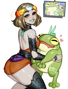 1girl artist_name ass asymmetrical_arms blush blushyspicy breasts commentary english_commentary frinos_(hades) frog glowing_arm green_arm green_eyes green_lips grin hades_(series) hades_2 heart heterochromia highres laurel_crown looking_back melinoe_(hades) red_eyes short_hair smile thick_thighs thighs v white_background