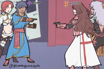 1girl 3boys bodysuit boudica_(fate) brown_hair commentary earrings english_commentary faceless faceless_female faceless_male fate/apocrypha fate/grand_order fate_(series) georgios_(fate) grey_hair jewelry male_focus marvel meme multiple_boys pointing_spider-man_(meme) pyon_(givemequartzplz) red_hair romulus_quirinus_(fate) sash siegfried_(fate) spider-man_(series) twitter_username