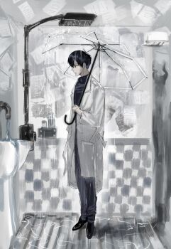 1boy absurdres black_eyes black_hair black_shirt checkered_wall coat faucet full_body highres holding holding_umbrella indoors kim_dokja male_focus mrjieshisu omniscient_reader&#039;s_viewpoint overflowing paper shampoo shirt short_hair shower_(place) shower_head sink soap solo standing umbrella wainscoting white_coat wooden_floor