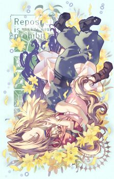 1boy 1girl absurdres aerith_gainsborough arestear0701 arm_around_waist artist_name baggy_pants bangle belt black_boots blonde_hair blue_pants blue_shirt boots bracelet breasts brown_belt brown_boots brown_hair choker closed_eyes cloud_strife couple cropped_jacket dress falling_flower falling_petals final_fantasy final_fantasy_vii final_fantasy_vii_rebirth final_fantasy_vii_remake flower flower_choker full_body hand_on_another&#039;s_cheek hand_on_another&#039;s_face hetero highres jacket jewelry kiss kissing_forehead light_blush lily_(flower) long_dress long_hair medium_breasts multiple_belts pants parted_bangs petals pink_dress red_jacket shirt short_hair short_sleeves sidelocks sleeveless sleeveless_turtleneck spiked_hair turtleneck wavy_hair yellow_flower yellow_petals