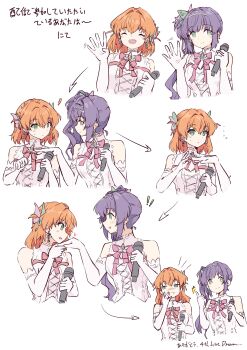 ... 2girls 4th_live_dream_~bloom_the_dream_believers~ :d ^_^ absurdres arrow_(symbol) aurora_flower_(love_live!) bare_shoulders blush breasts butterfly_hair_ornament closed_eyes closed_mouth commentary_request cross-laced_clothes cross-laced_top grabbing_another's_hand green_eyes hair_ornament heart highres hinoshita_kaho holding holding_microphone link!_like!_love_live! long_hair looking_at_another love_live! medium_breasts medium_hair microphone multiple_girls neck_ribbon nose_blush official_alternate_costume open_mouth orange_hair otomune_kozue pink_ribbon profile purple_hair ribbon sequential shirt simple_background sio_pasta sleeveless sleeveless_shirt smile split_mouth sweatdrop thumbs_up two_side_up virtual_youtuber white_background white_shirt yuri