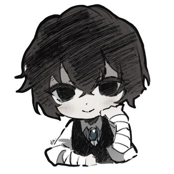 Rule 34 | 1boy, bandaged arm, bandages, bolo tie, brown hair, bungou stray dogs, chibi, closed mouth, collared shirt, cropped torso, dazai osamu (bungou stray dogs), hair between eyes, hashtag-only commentary, highres, looking at viewer, male focus, septxll, shirt, short hair, simple background, smile, solo, vest, waistcoat, white background, white shirt