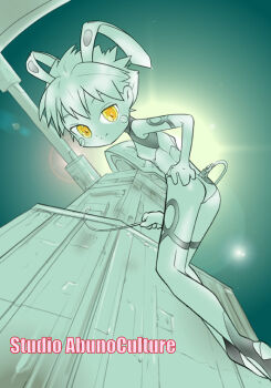 1girl animal_ears ass black_footwear blush breasts building climbing colored_skin green_hair green_skin looking_at_viewer plug rabbit_ears rope shoes short_hair small_breasts smile studio_abuno_culture thigh_strap yellow_eyes