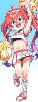 Rule 34 | 1girl, ahoge, arm up, belly, blue eyes, blush, bracelet, breasts, cheering, cheerleader, crop top, gradient background, hair between eyes, highres, holding, holding pom poms, jewelry, kneehighs, konnyaku (kk-monmon), navel, nose blush, open mouth, pom pom (cheerleading), pom poms, red hair, shoes, skirt, small breasts, sneakers, socks, solo, sweat, twintails