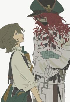 Rule 34 | 1boy, 1girl, aleph (reverse:1999), black gloves, black mask, black vest, brown hair, covered face, facing another, gloves, green eyes, green hat, hat, headwear switch, long hair, looking at another, newsboy cap, oji-sama (ochi4t), pants, profile, recoleta (reverse:1999), red hair, reverse:1999, shirt, short hair, upper body, vest, white background, white pants, white shirt