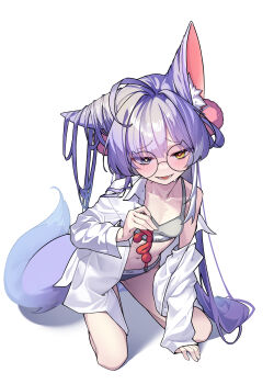 1girl absurdres ahoge animal_ear_fluff animal_ears black-framed_eyewear blue_eyes blush bow calvin_klein collarbone commentary_request grey_panties grey_sports_bra heterochromia highres holding holding_unworn_clothes kneeling korean_commentary long_hair long_sleeves m_cream01 navel no_pants off_shoulder open_clothes open_mouth open_shirt panties purple_hair purple_tail raised_inner_eyebrows red_bow round_eyewear shirt simple_background single_bare_shoulder smile solo sports_bra sports_panties stellive stomach tail tenko_shibuki underwear very_long_hair virtual_youtuber white_background white_shirt yellow_eyes