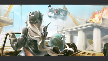 5girls angel animal_ears arknights black_hair black_headwear black_jacket box_truck car commentary_request croissant_(arknights) detached_wings energy_wings explosion exusiai_(arknights) firing green_hair gun halo highres holding holding_gun holding_walkie-talkie holding_weapon horns hoshiguma_(arknights) jacket letterboxed long_hair motor_vehicle multiple_girls penguin_logistics_(arknights) penguin_logistics_logo raglan_sleeves red_hair single_horn skin-covered_horns swire_(arknights) texas_(arknights) truck walkie-talkie weapon white_jacket wings wolf_ears yokaze_(yokajie)