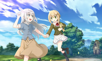 2girls :o artist_request bare_arms black_shoes black_socks blazer blonde_hair blue_sky blue_tunic bow bowtie brown_shoes brown_skirt buttons clenched_hand cloud collared_shirt cross-laced_clothes day dot_nose double-breasted floating_clothes floating_hair frilled_jacket frilled_shirt_collar frills full_body game_asset green_eyes green_jacket grey_eyes grey_hair hair_ornament hairclip hand_up happy harukata_konohana_school_uniform high_collar holding holding_hands holding_stuffed_toy jacket jeanne_flamel kneehighs layered_sleeves leg_up light_blush light_particles long_hair long_sleeves looking_at_another loose_hair_strand magia_record:_mahou_shoujo_madoka_magica_gaiden mahou_shoujo_madoka_magica mahou_shoujo_tart_magica mandragora mary_janes medium_skirt miniskirt mountainous_horizon multiple_girls no_socks official_art open_mouth outdoors path pleated_skirt red_bow red_bowtie road running sailor_collar satori_kagome school_uniform shadow shirt shoes short_hair_with_long_locks short_sleeves sidelocks skirt sky smile socks stuffed_animal stuffed_toy tareme tree tunic white_sailor_collar white_shirt white_skirt