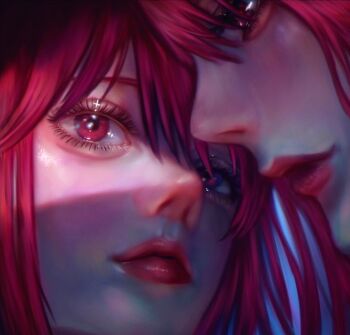 2girls blue_background close-up commentary_request dual_persona elfen_lied hinano_(misoshirulove) lips long_eyelashes long_hair lucy_(elfen_lied) multiple_girls nose nyuu parted_lips portrait realistic red_eyes red_hair red_lips