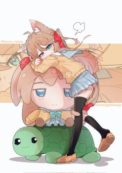 1girl animal_ears asymmetrical_legwear black_socks black_thighhighs blue_eyes blue_sailor_collar blue_skirt bow brown_hair brown_shoes cardigan cat_ears cat_girl cat_tail character_name closed_mouth commentary eenightlamp english_commentary from_behind full_body fumo_(doll) hair_between_eyes hair_ornament hair_ribbon heart heart_hair_ornament highres long_hair long_sleeves looking_at_viewer neuro-sama off-shoulder_cardigan pleated_skirt puff_of_air red_bow red_ribbon ribbon sailor_collar shirt shoes single_sock single_thighhigh skirt socks solo stuffed_animal stuffed_toy tail tail_bow tail_ornament thighhighs twitter_username two_side_up uneven_legwear vedal_ai virtual_youtuber white_shirt yellow_cardigan zoom_layer