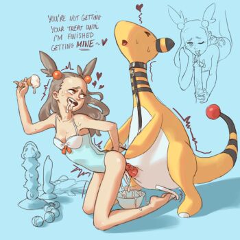 1boy 1girl ampharos anal_beads animal_penis arm_behind_back arm_up ass bare_legs bestiality blue_background blush bow bowl breasts brown_eyes brown_hair casual_one-piece_swimsuit cleavage closed_eyes collar cum cum_in_container cum_in_mouth cum_in_pussy cum_on_ass cum_on_body cum_overflow dildo dress eating ejaculation english_text erection feet fellatio flip-flops food full_body gen_2_pokemon gym_leader hair_ornament half-closed_eyes heart heart-shaped_pupils hetero highres horse_penis huge_penis ice_cream ice_cream_cone jasmine_(pokemon) kneeling leaning_forward leash lingerie loli long_hair looking_at_viewer looking_back looking_up monster multiple_views nintendo nipples one-piece_swimsuit one_eye_closed open_mouth oral orgasm penis penis_grab pokemon pokemon_(creature) pokemon_hgss pokephilia pov pumpkinspicelatte sandals sex sex_from_behind sex_toy simple_background small_breasts smile spoken_heart standing sweat swimsuit symbol-shaped_pupils tail teddy_(lingerie) teeth text_focus tongue tongue_out trembling uncensored underwear unworn_dress veins veiny_penis wink