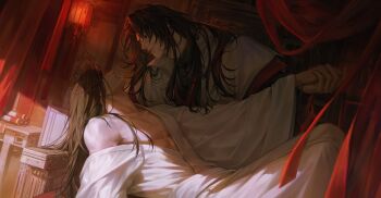 2boys absurdres bamboo_print black_eyes black_hair black_hanfu chinese_clothes closed_eyes closed_mouth crying crying_with_eyes_open curtains doomie1 facial_mark folding_screen forehead_mark hanfu highres lantern long_hair long_sleeves looking_at_another luo_binghe lying male_focus multiple_boys on_back open_clothes pectorals renzha_fanpai_zijiu_xitong sash scroll shen_qingqiu single_bare_shoulder streaming_tears table tears white_hanfu white_sash wide_sleeves yaoi zuiyin