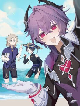 3boys albedo_(genshin_impact) animal arm_at_side armor belt birthmark black_belt black_bodysuit black_bow black_bridal_gauntlets black_coat black_hair black_shorts black_sleeves blonde_hair blue_eyes blue_hat blue_sky blunt_ends bodysuit bow bridal_gauntlets chest_jewel choppy_bangs cleavage_cutout closed_mouth clothing_cutout cloud cloudy_sky coat collar crab crossed_bangs diamond-shaped_pupils diamond_(shape) gem genshin_impact geo_symbol_(genshin_impact) gloves gold hair_between_eyes hakama hakama_shorts hand_up hat heart-shaped_gem high_collar highres holding holding_animal horizon japanese_armor japanese_clothes jingasa kote kurokote lens_flare long_sleeves looking_at_viewer mandarin_collar mini_durin_(genshin_impact) mini_durin_(human)_(genshin_impact) multiple_boys ocean open_hand open_mouth parted_bangs pink_eyes pleated_shorts purple_collar purple_eyes purple_hair purple_rope purple_sash purple_shirt purple_sleeves purple_vest red_gemstone rope sash scaramouche_(genshin_impact) shirt shore short_sleeves shorts shorts_lift sky smile standing sun symbol-shaped_pupils tassel teeth tok81_01 turtleneck turtleneck_bodysuit twitter_username upper_teeth_only vest vision_(genshin_impact) wading wanderer_(genshin_impact) waving white_collar white_gloves yellow_gemstone