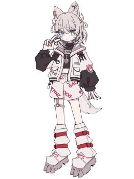 1girl absurdres animal_ear_piercing animal_ears black_shirt black_streaks blue_eyes boots closed_mouth dog_ears dog_girl dog_tail full_body grey_hair hair_between_eyes hand_up hashtag-only_commentary highres jacket kmnz long_sleeves looking_at_viewer medium_hair multicolored_hair no_name_ver1 open_clothes open_jacket pout shirt shorts simple_background solo streaked_hair tail tina_(kmnz) v virtual_youtuber white_background white_boots white_jacket white_shorts