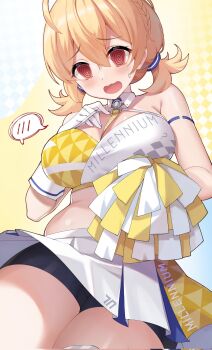 1girl ? @_@ ahoge armpit_crease bare_shoulders belly black_shorts blonde_hair blue_archive blush braid breasts character_name cheerleader commentary corrupted_twitter_file detached_collar double-parted_bangs dutch_angle embarrassed from_behind furrowed_brow gloves hair_between_eyes hand_up highres holding holding_pom_poms kotori_(blue_archive) kotori_(cheer_squad)_(blue_archive) large_breasts looking_at_viewer low_twintails medium_hair millennium_cheerleader_outfit_(blue_archive) millennium_science_school_logo miniskirt name_tag official_alternate_costume official_alternate_hairstyle open_mouth pleated_skirt plump pom_pom_(cheerleading) pom_poms red_eyes shinkai_kokoa short_twintails shorts side_braid simple_background skirt solo speech_bubble spoken_blush sports_bra sweatdrop twintails two-tone_sports_bra upskirt variant_set wavy_mouth white_gloves white_skirt yellow_background