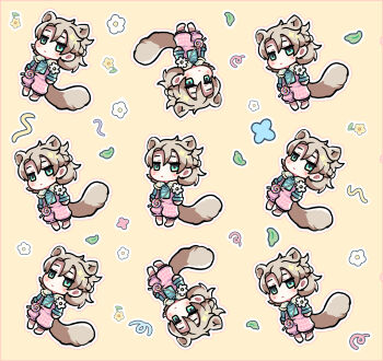 1boy albedo_(genshin_impact) animal_ears barefoot blonde_hair blush_stickers chibi flower genshin_impact green_eyes highres kemonomimi_mode kkaiju leaf pants plaid_clothes plaid_pants sticker_sheet_(medium) tail