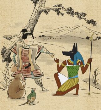 2boys anubis_(mythology) armor bird black_hair closed_mouth dark-skinned_male dark_skin egyptian_mythology faux_traditional_media holding japanese_armor katana kei_roku kneeling male_focus momotarou momotarou_(character) monkey mountain multiple_boys standing sword tree weapon