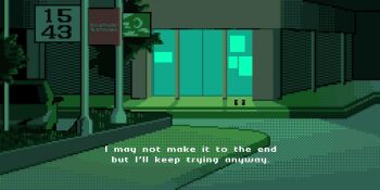ben-day_dots building dithering english_text green_theme hashtag-only_commentary highres motor_vehicle night no_humans onlypixeeels original outdoors pixel_art road scenery screentones sign street truck window_light