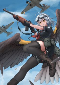 1girl absurdres aircraft airplane ammunition_pouch bird_girl bird_tail bird_wings black_thighhighs bomber boots cloud cloudy_sky explosive feathered_wings feathers goggles goggles_on_head grenade gun highres holding holding_gun holding_weapon m1_carbine magazine_(weapon) military_vehicle original pouch rifle school_uniform shell_casing sky tactical_school_uniform tail teisei_misagi thighhighs weapon wings