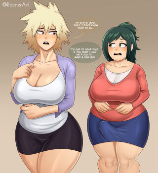 1futa 1girl artist_name bakugou_mitsuki blonde_hair blue_skirt blush boku_no_hero_academia breasts bulge cleavage cowboy_shot english_text erection erection_under_clothes futa_with_female futanari green_eyes green_hair highres large_breasts long_sleeves looking_at_another mature_female midoriya_inko open_mouth pencil_skirt rocner sideways_glance skirt speech_bubble teeth upper_teeth_only