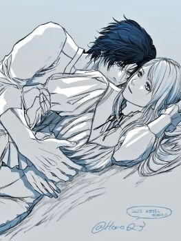 1boy 1girl 2025 arm_around_waist black_hair breasts clive_rosfield couple dated facial_hair final_fantasy final_fantasy_xvi greyscale hair_between_eyes hand_in_own_hair hetero horoq3 jill_warrick juliet_sleeves long_hair long_sleeves looking_at_another lying medium_breasts monochrome neck_ribbon on_side parted_lips puffy_sleeves ribbon short_hair stubble twitter_username