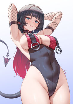 1girl absurdres animal_ears armpit_crease armpits bare_shoulders black_hair black_one-piece_swimsuit breasts fishnet_sleeves fishnets highres jane_doe_(nocturne_of_light)_(zenless_zone_zero) jane_doe_(zenless_zone_zero) large_breasts long_hair mouse_ears mouse_girl mouse_tail multicolored_hair o-ring official_alternate_costume one-piece_swimsuit red_hair red_one-piece_swimsuit secon swimsuit tail zenless_zone_zero