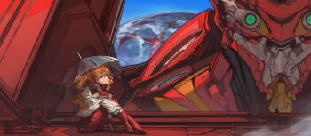 Rule 34 | 1girl, absurdres, blue eyes, bodysuit, bodysuit under clothes, eva 02, evangelion: 3.0 you can (not) redo, expressionless, eyepatch, green eyes, highres, jacket, knees up, kunaru (799865444232548352), long hair, looking at viewer, mecha, mecha pilot suit, neon genesis evangelion, off shoulder, one eye covered, orange hair, plugsuit (evangelion), rebuild of evangelion, red bodysuit, robot, sitting, souryuu asuka langley, transparent, transparent umbrella, two side up, umbrella, white jacket