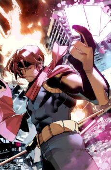 1boy black_gloves black_headband black_sclera blue_bodysuit bodysuit brown_hair card colored_sclera comic_cover commentary covered_abs destruction english_commentary explosion facial_hair gambit gloves glowing_card headband highres holding holding_card holding_staff looking_to_the_side male_focus marvel multicolored_bodysuit multicolored_gloves muscular muscular_male official_alternate_costume official_art red_eyes red_scarf scarf short_hair simone_di_meo skull solo staff stubble two-tone_bodysuit two-tone_gloves x-men yellow_gloves
