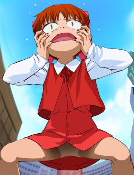 1girl bow building buttons cloud collar crotch_seam dress fang female_focus from_below gegege_no_kitarou gegege_no_kitarou_5 hair_bow hair_ornament hands_on_own_face haruyama_kazunori long_sleeves looking_at_another nekomusume nekomusume_(gegege_no_kitarou_5) open_mouth outdoors panties pink_bow pulling red_dress red_hair red_ribbon ribbon shirt short_hair sky slit_pupils solo spread_legs standing sweat underwear upskirt wet wet_clothes wet_panties white_panties white_shirt worried yellow_eyes