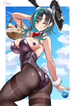 Rule 34 | 1girl, absurdres, alternate costume, animal ears, aqua hair, arm up, ass, basket, black hair, black leotard, black pantyhose, blue sky, border, breasts, cleavage, cloud, collar, commentary request, detached collar, earrings, fake animal ears, fake tail, highres, holding, holding basket, hololive, hololive dev is, inokeiwd, jewelry, large breasts, leotard, looking at viewer, multicolored hair, one eye closed, pantyhose, playboy bunny, rabbit ears, rabbit tail, rindo chihaya, sky, smile, solo, streaked hair, tail, tongue, tongue out, virtual youtuber, white border, white collar, white streaks
