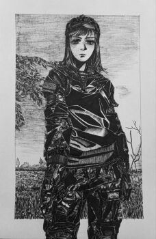 Rule 34 | 1girl, bordfunker133, camouflage, camouflage jacket, camouflage pants, digital camouflage, gloves, greyscale, highres, jacket, kedr (bordfunker133), knee guards, long hair, monochrome, olga stashkina, original, pants, photo (medium), reaching, reaching towards viewer, russo-ukrainian war, shirt, soldier, solo, standing, striped clothes, striped shirt, telnyashka