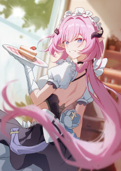 1girl absurdres back backless_dress backless_outfit black_dress blue_eyes breasts cake cake_slice chinese_commentary commentary_request dress elf elysia_(honkai_impact) elysia_(miss_pink)_(honkai_impact) elysia_(miss_pink_elf)_(honkai_impact) fake_horns food highres holding holding_plate honkai_(series) honkai_impact_3rd horns indoors long_hair looking_at_viewer maid medium_breasts official_alternate_costume pink_hair plate pointy_ears puffy_short_sleeves puffy_sleeves redrawn short_sleeves smile solo very_long_hair window xiaoran_mico